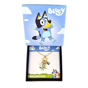 Bluey Dangle Drop Necklace 18" Gold Blue Flash Plated Charm NEW Boxed